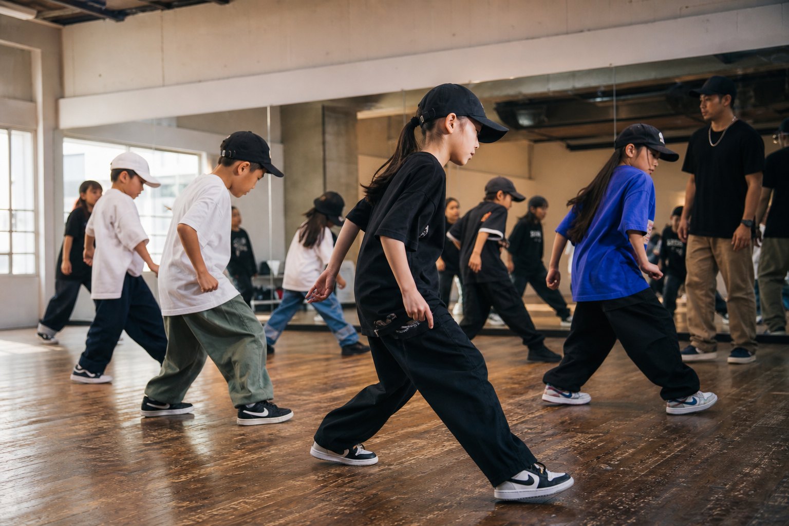 ヒップホップのダンススタジオで子どもがステップの見せ方を練習している様子