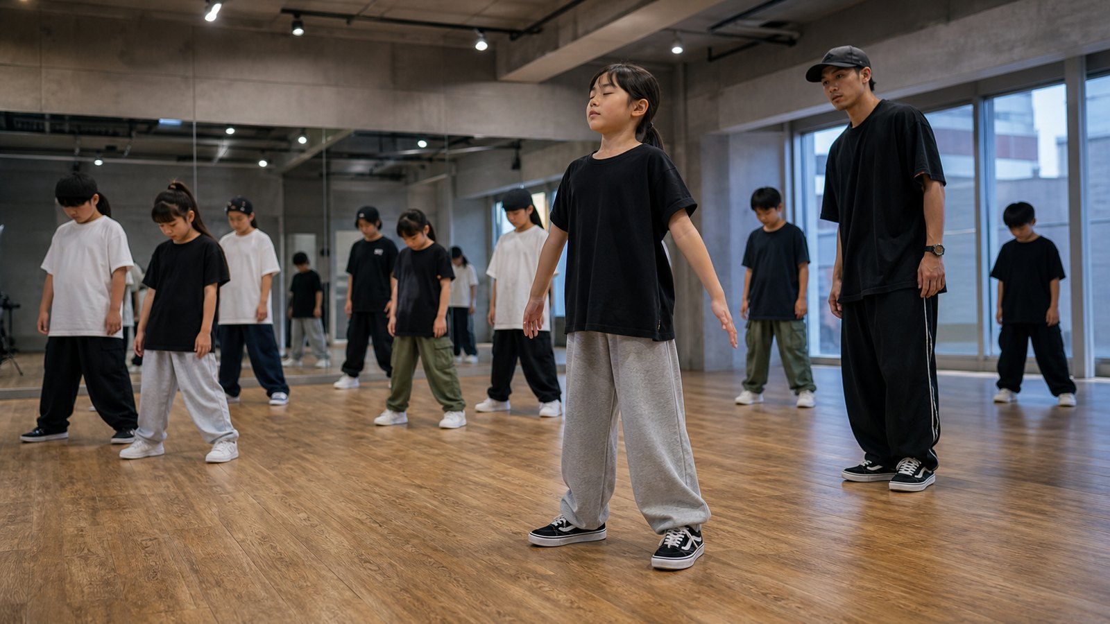 呼吸を整えて音楽に戻るキッズダンスの練習