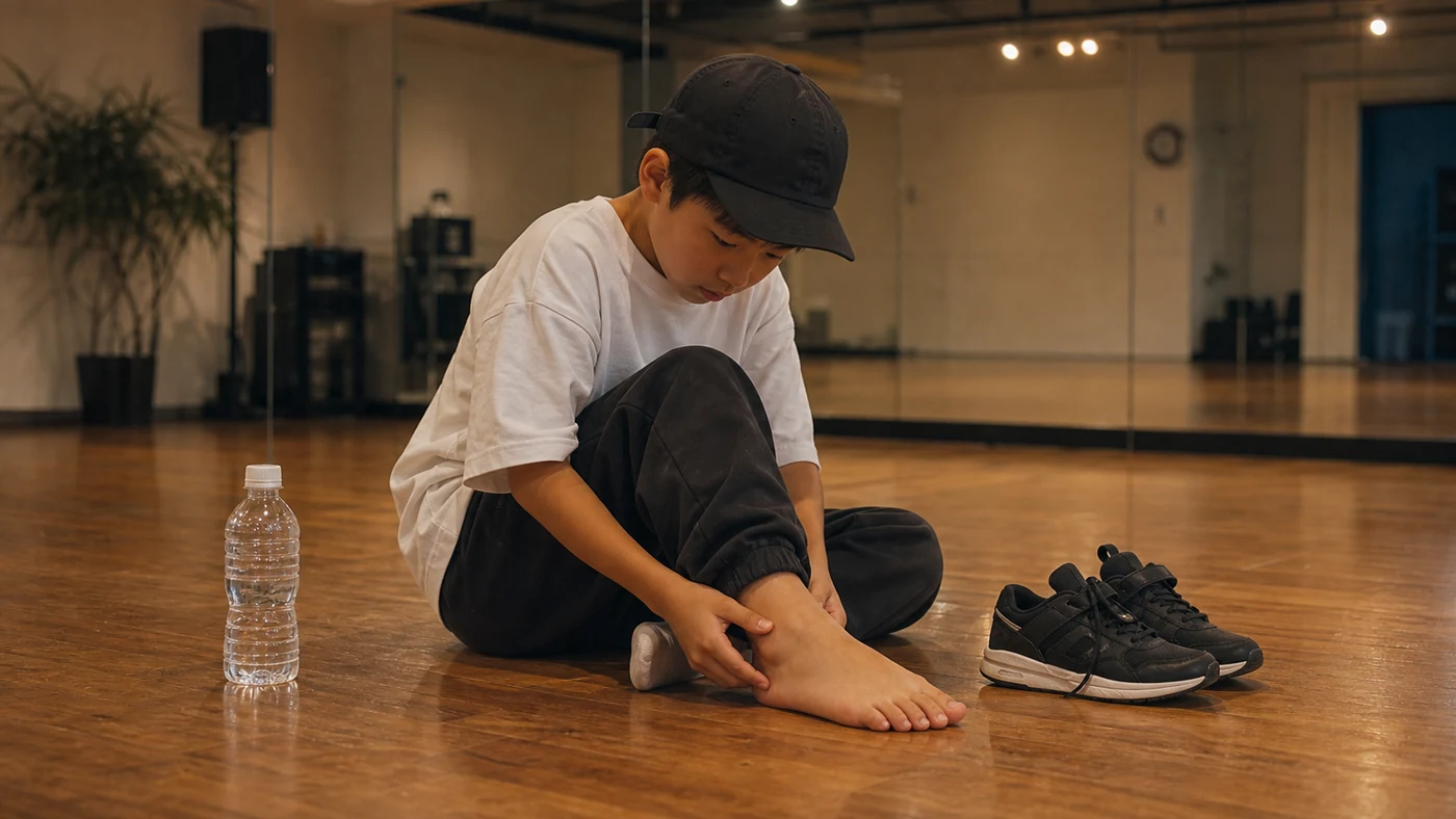 練習後に足元の違和感を確認する子供のヒップホップダンサー