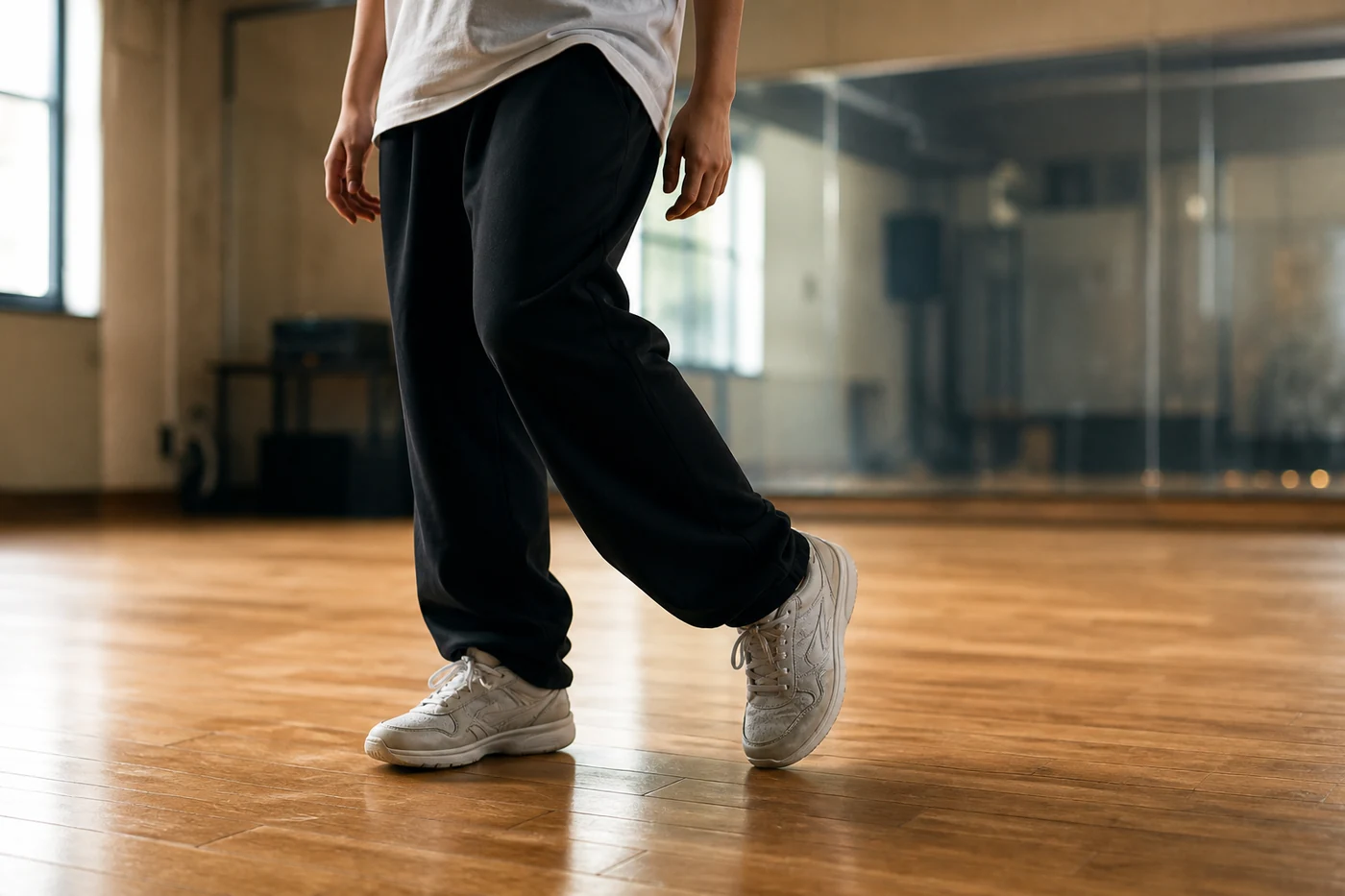 子供のダンスを支える足裏と接地を確認する足元