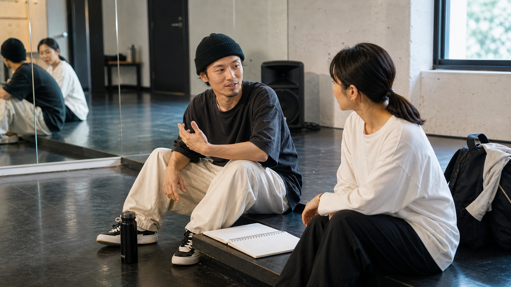 ヒップホップスタジオで講師と保護者が向き合って話している様子