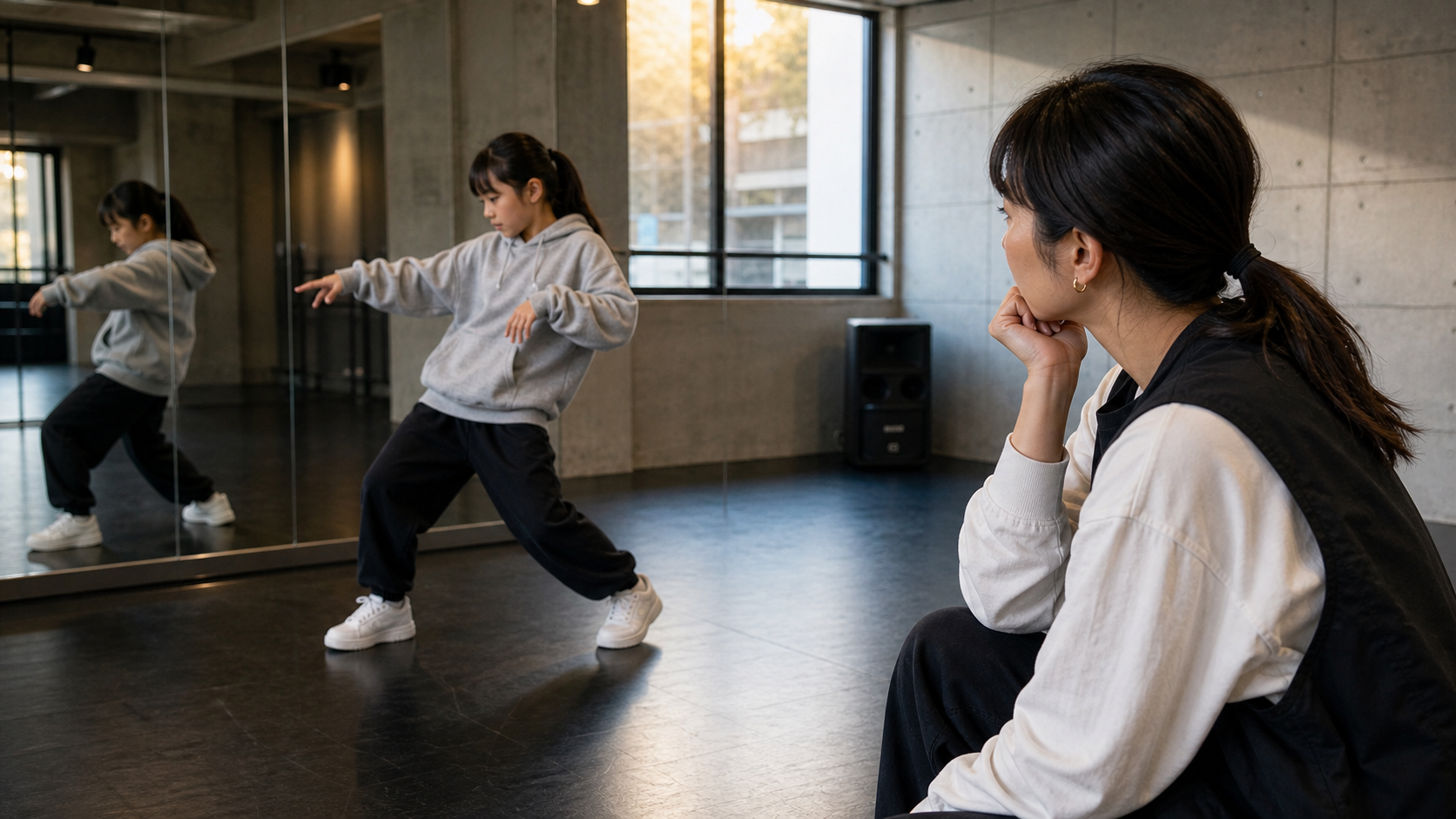 子どものヒップホップ練習を見守る保護者