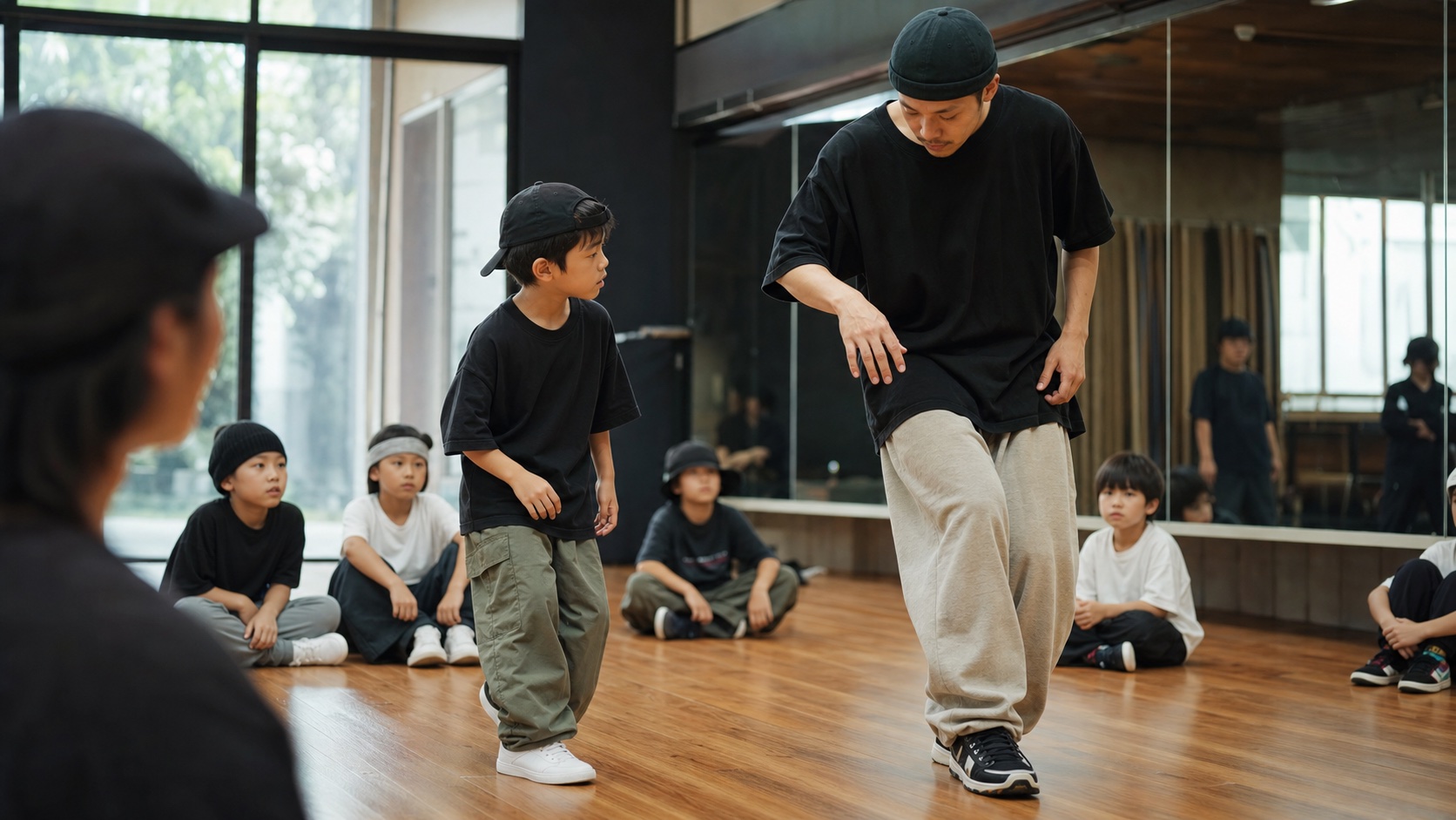 できる人の動きをゆっくり見ながら身体の使い方を学ぶ子ども